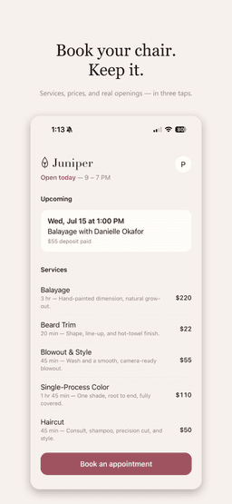 Home - book your chair: services, prices, and real openings in three taps.