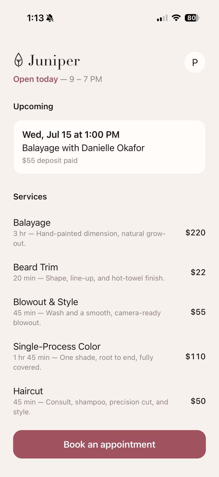 Juniper: Salon Booking — app screen