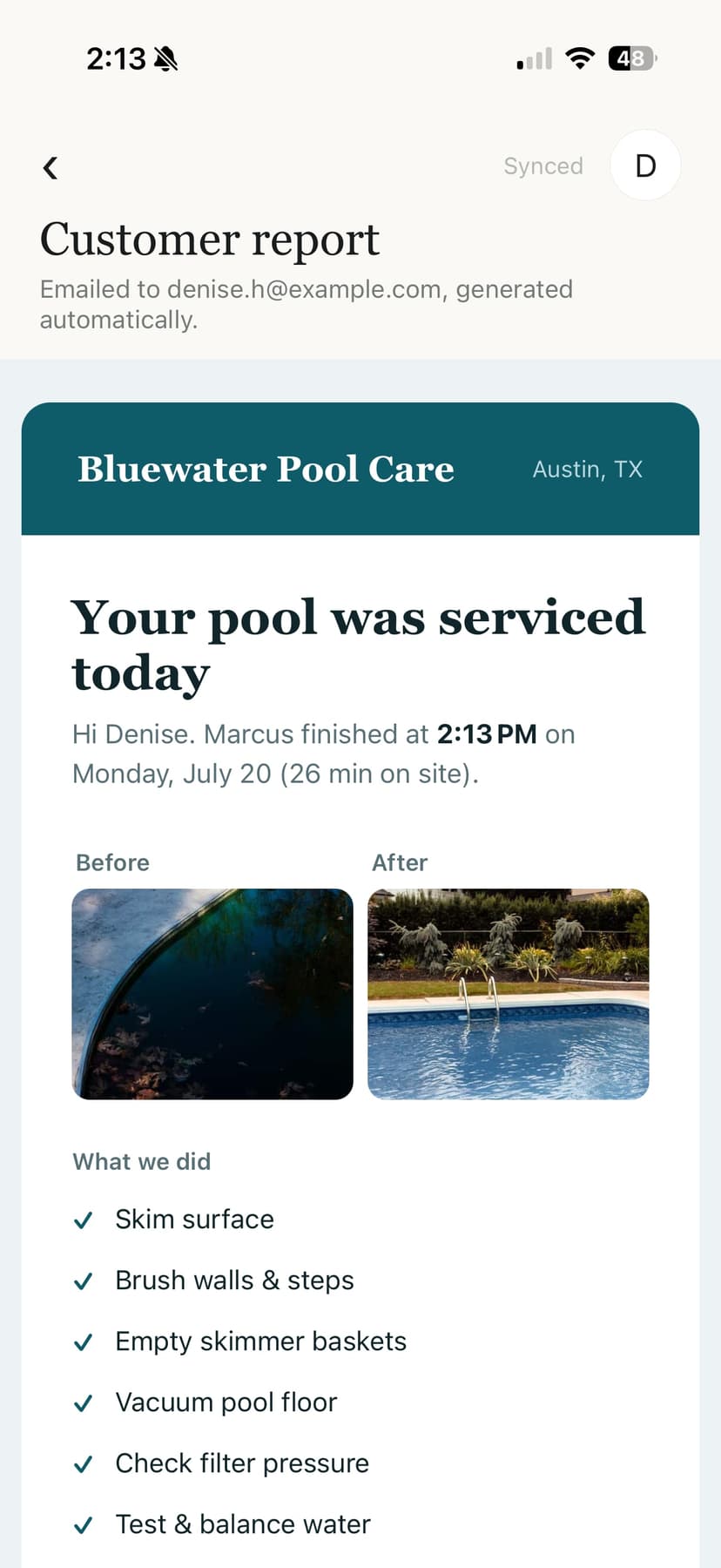 PoolProof: Pool Service — app screen
