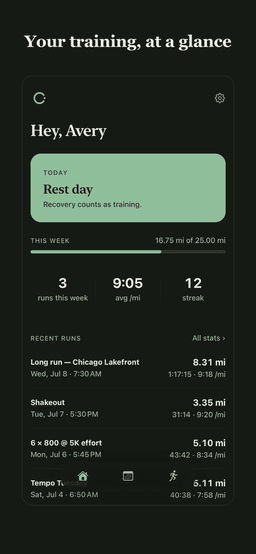 Home screen - today's plan, weekly mileage, and recent runs at a glance.