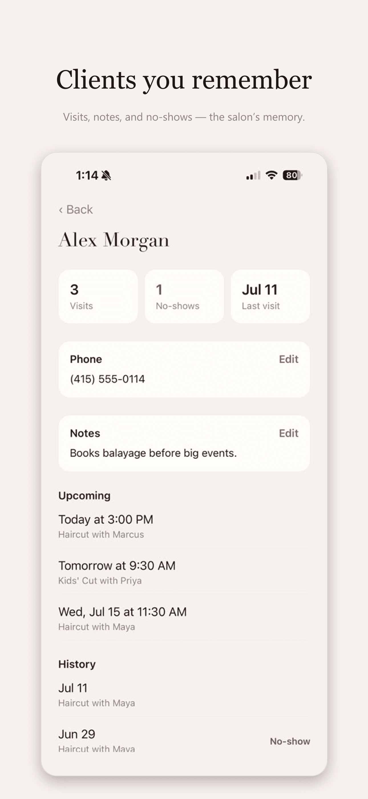 Client cards - visits, notes, and no-shows.