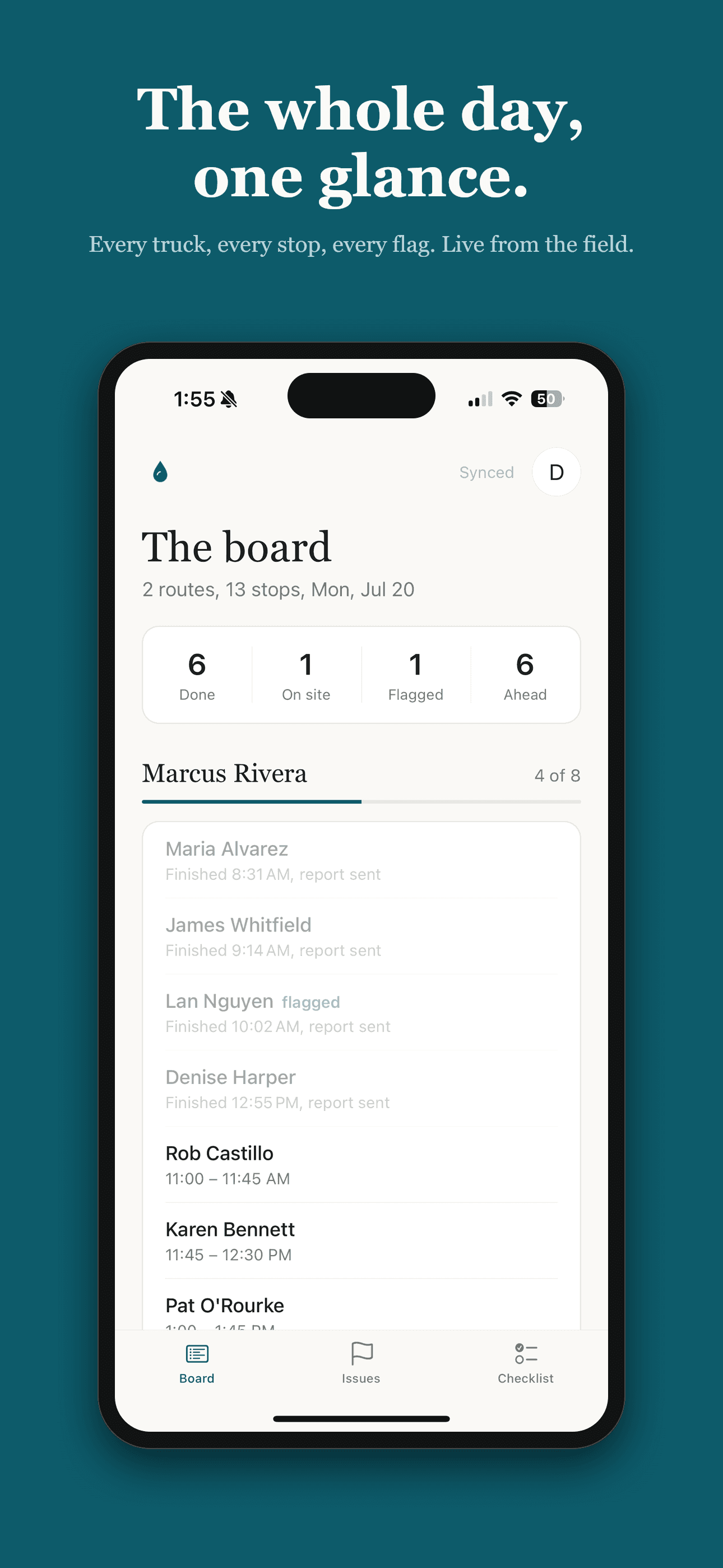 The owner's live board - every route and every stop, in real time.