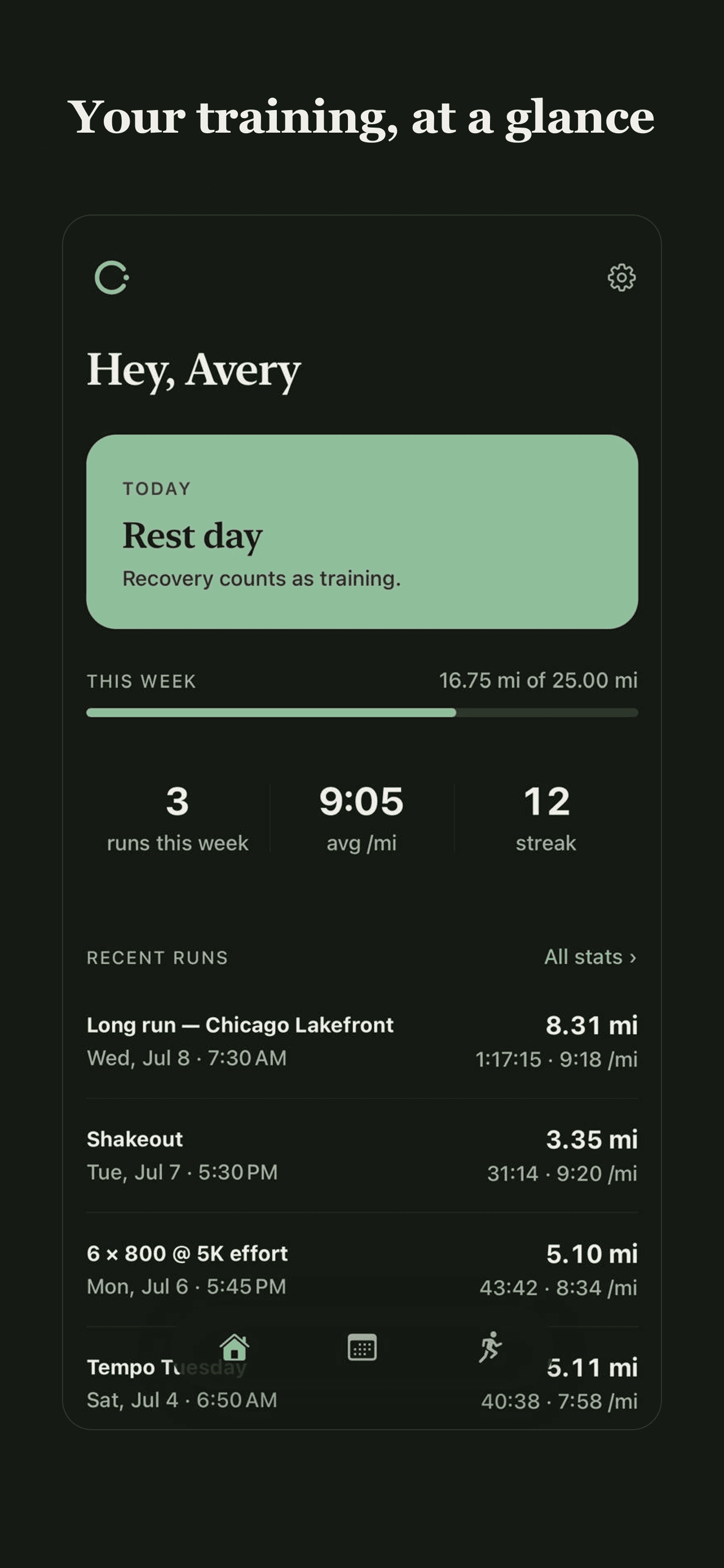 Your training, at a glance - today's plan, weekly mileage, and recent runs.