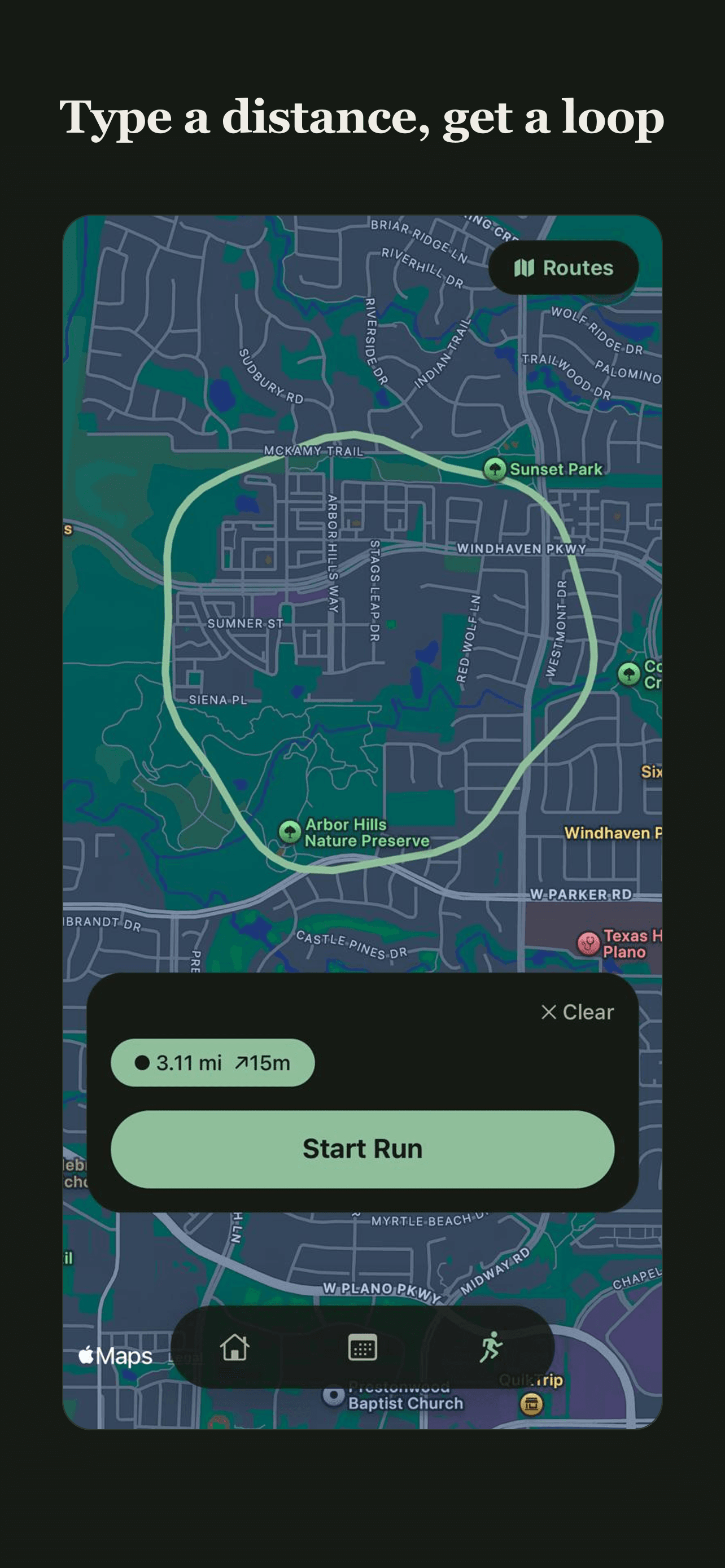 A generated running route on the map, in one tap.