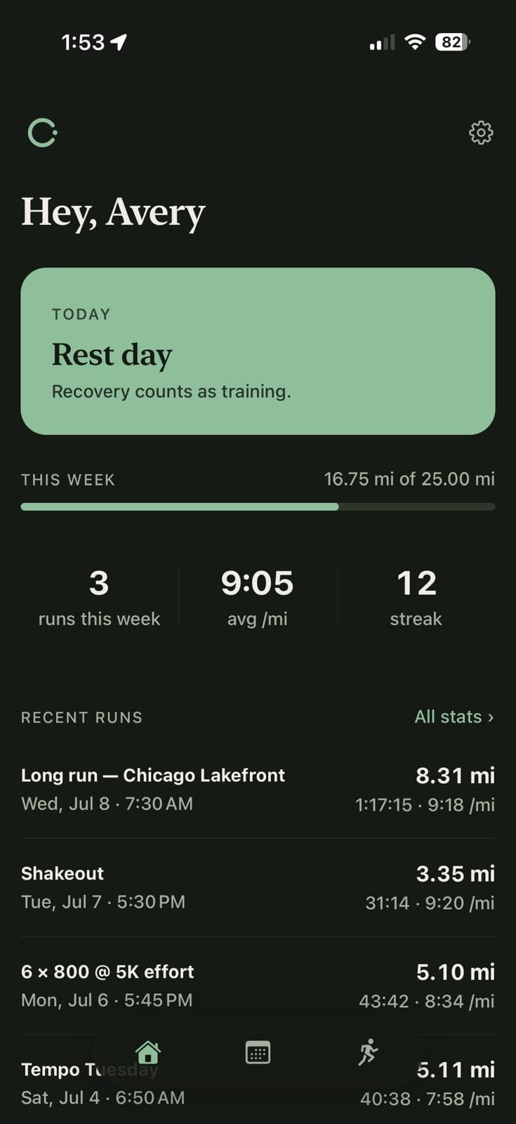 Cadence: Run Coaching — Rest days share the home screen with runs.